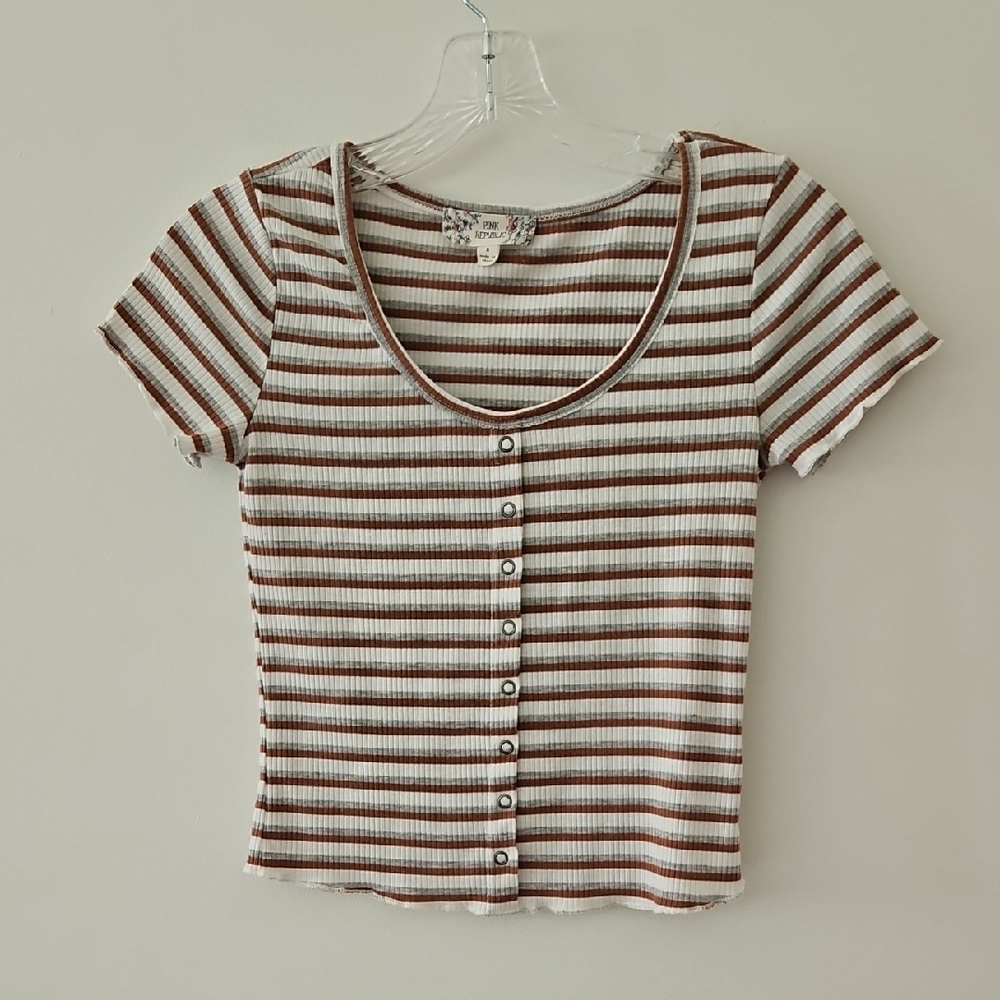 Striped Baby Tee Cropped With Lettuce Hem Detail Y2K Size XS-S